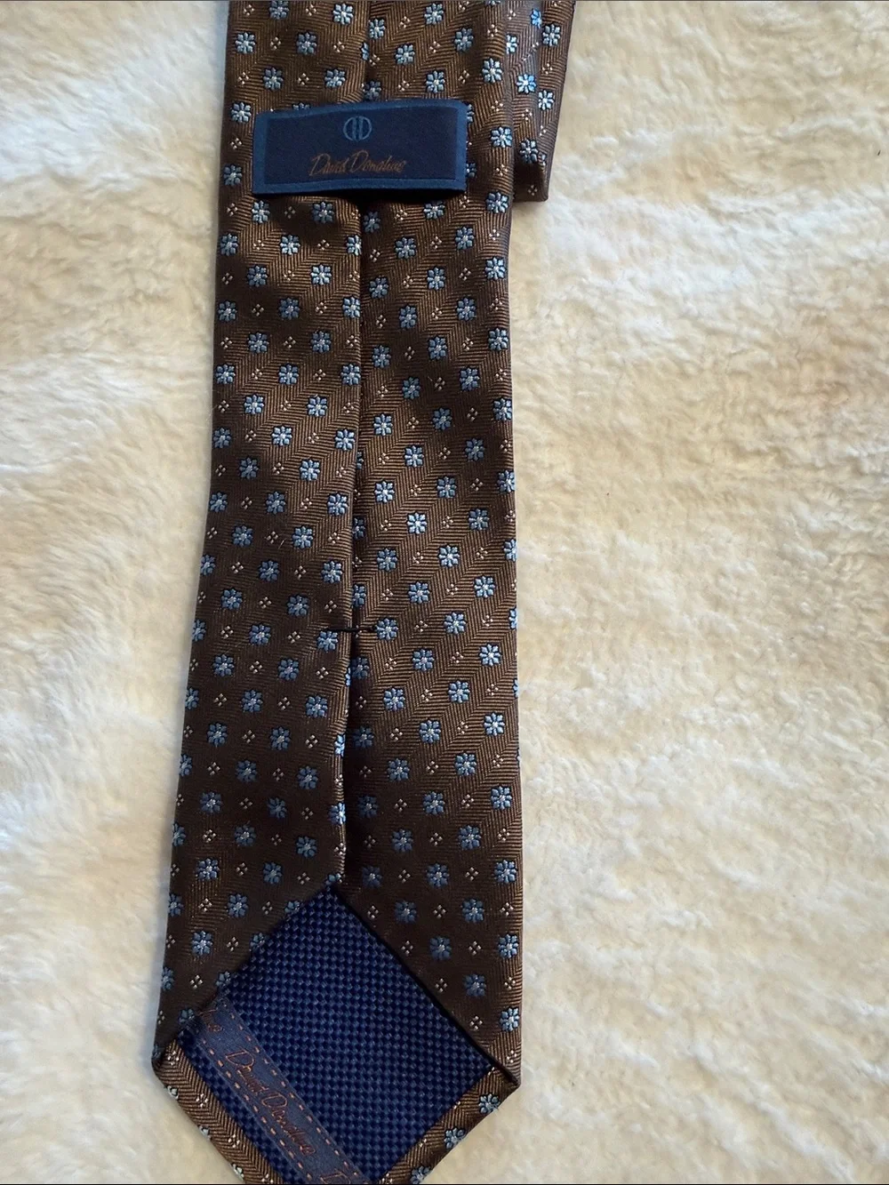David Donahue silk Brown Tie with Light Blue Micro-Dots